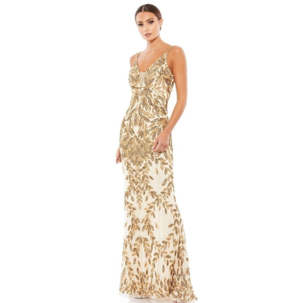 Mac Duggal Embellished Gold Leaf Long Evening Gown Nude/Gold Size 4 NWT